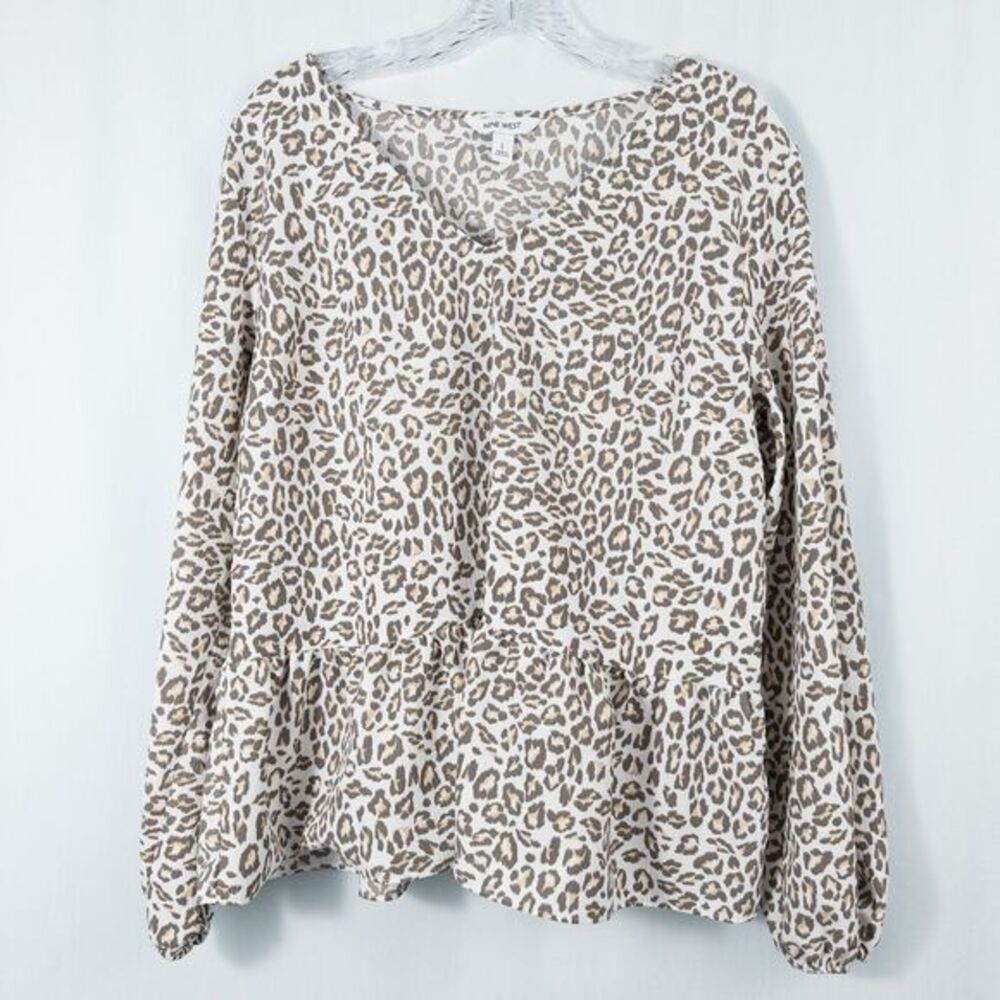 Nine West Leopard Animal Print V Neck Peplum Blouse‎ Womens Large Crepe Chiffon